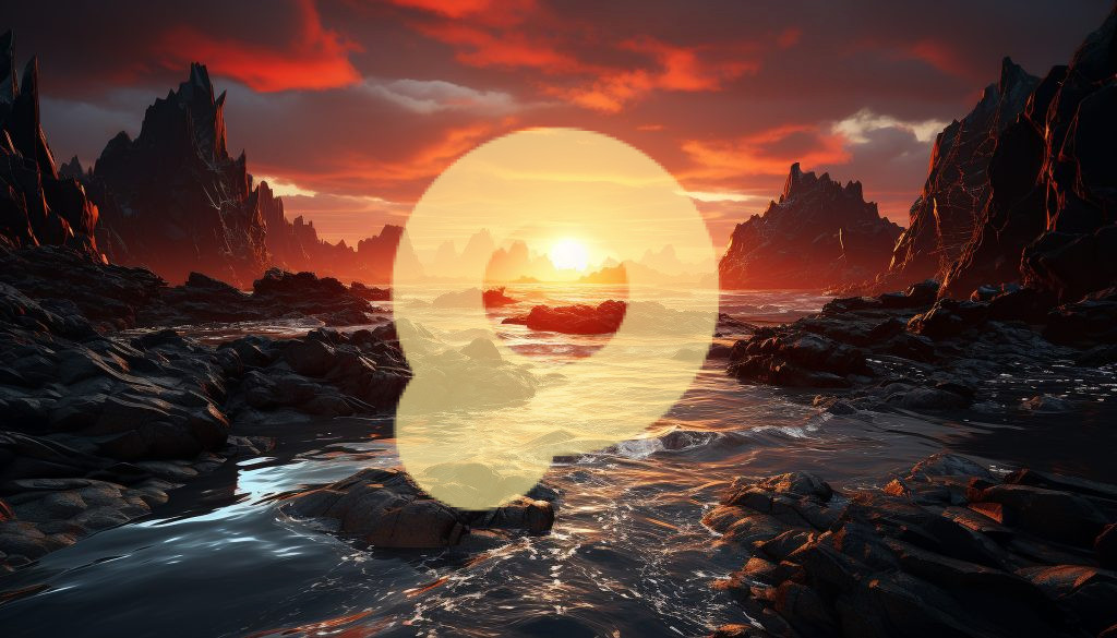 Закат над спокойными водами, величественная скала отражает красоту природы, созданную искусственным интеллектом