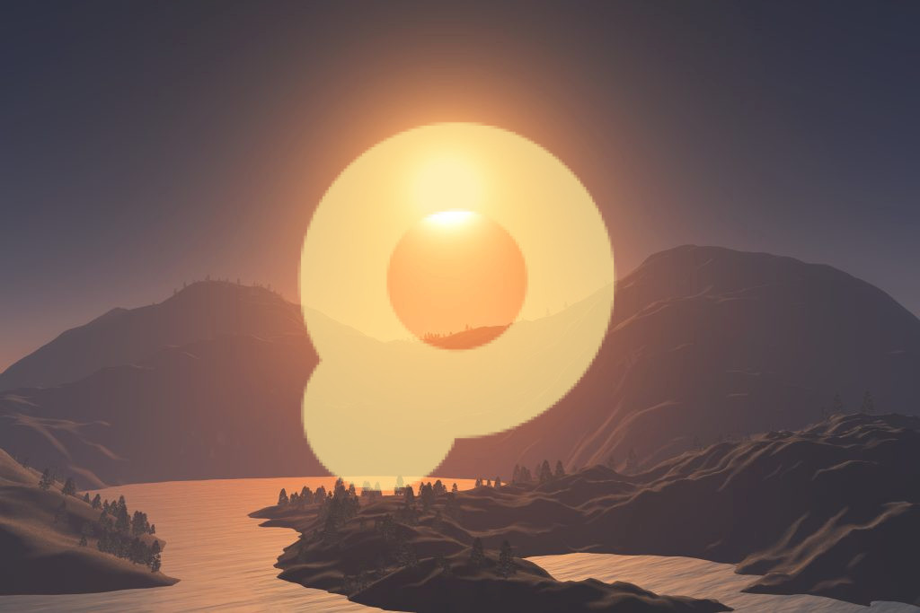 3D-рендеринг пейзажа на закате с горами, улицами и озером