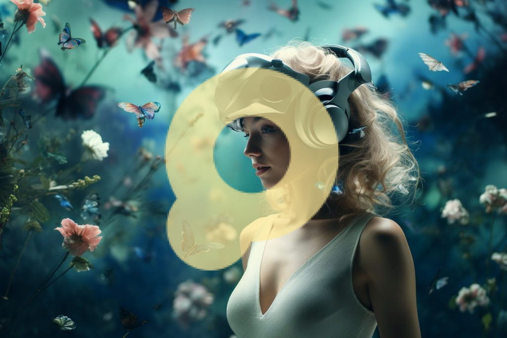 Портрет молодой женщины, играющей с виртуальной реальностью