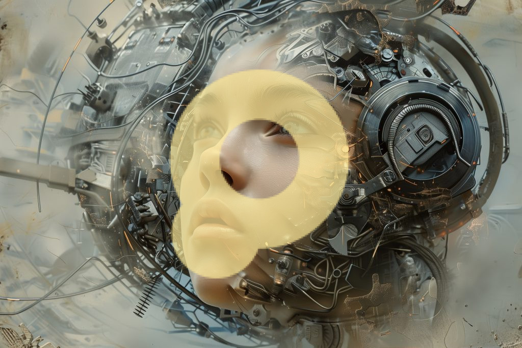 Женщина с интегрированными механическими элементами на лице, портрет человекоподобного робота