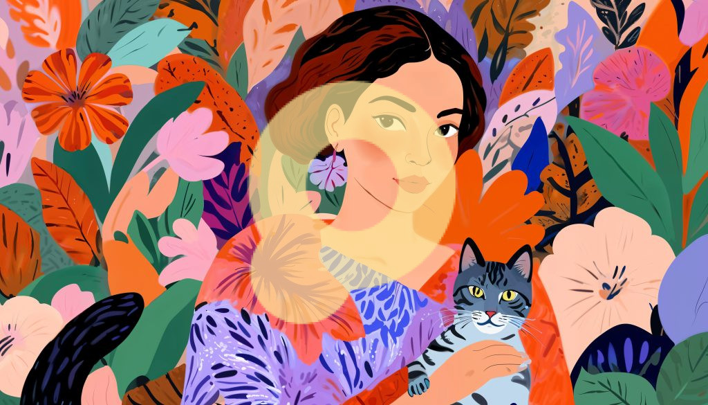 Женщина, держащая кошку на обоях